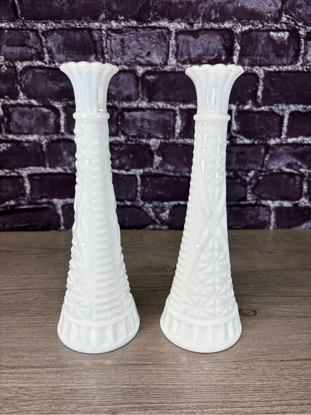 Vintage White Milk Glass Stars And Bars Vase Set